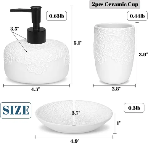 Miniatura 5 de Juego de accesorios de baño, 4 piezas de cerámica con diseño en relieve, dispensador de jabón de baño de 13.5 onzas y 2 vasos de cerámica, 1 jabonera