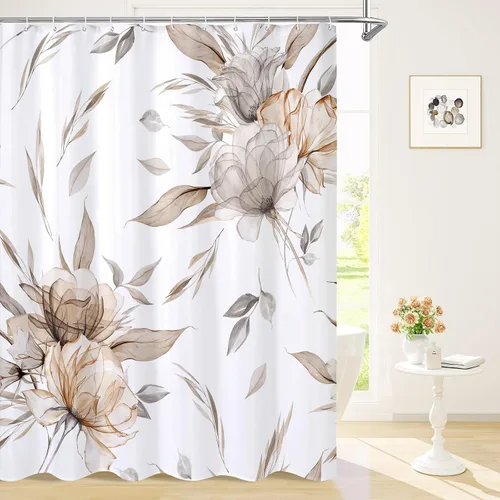 Miniatura 10 de Litabel Cortina de ducha bohemia con estampado floral de acuarela azul y gris, estilo de pintura de tinta, cortinas de ducha de flores y hojas