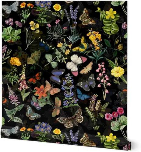 Papel tapiz para despegar y pegar, diseño de mariposas, jardín de primavera, acuarela, negro, para bebé, niña, colorido, vintage, floral, botánico,