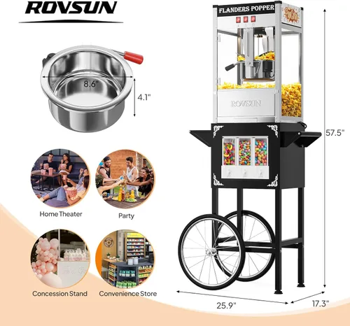 Miniatura 7 de ROVSUN Máquina de palomitas de maíz con carrito, ruedas y hervidor de 10 onzas que hace hasta 4 galones certificado ETL, máquina de palomitas