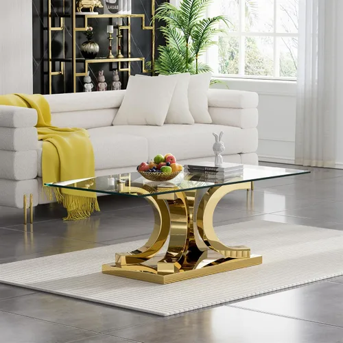 Miniatura 35 de SSLine Mesa auxiliar de cristal de lujo para sala de estar, mesa auxiliar moderna dorada con base de pedestal de acero inoxidable en forma de flor