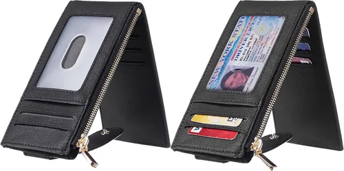 Miniatura 2 de Chelmon Billetera delgada con bloqueo RFID para mujer con bolsillo con cremallera Negro liso Minimalista