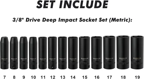 Miniatura 2 de CASOMAN Juego de 13 piezas de llaves de impacto de 3/8 de pulgada, de 6 puntos, métricas, profundas, CR-V, de 7 mm a 19 mm, estuche