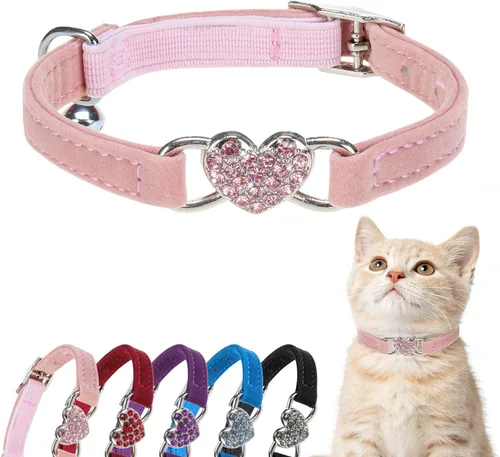Miniatura 12 de BINGPET collar ajustable para gatos, de terciopelo suave, seguro, collares Bling diamante con cascabel, Adjustable, Rosado claro Rosa