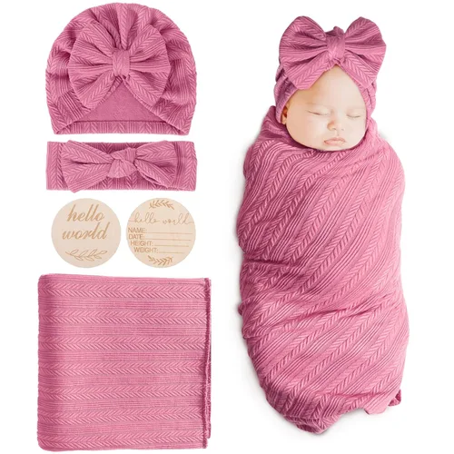 Miniatura 12 de DRESHOW BQUBO Mantas envolventes para bebés niñas, juego de 4 accesorios para recién nacidos con gorro a juego y cinta con moño con tarjeta de 1