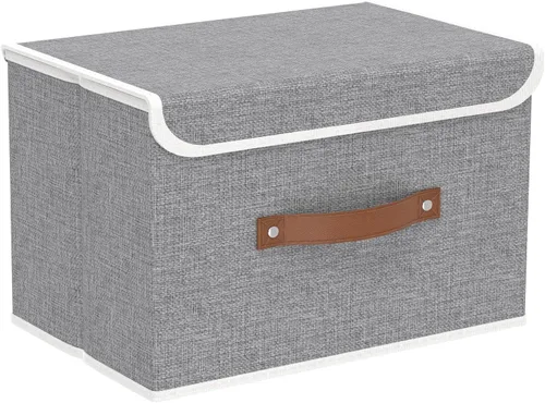 Miniatura 42 de Yawinhe SNK024BEN-1 Cajas de almacenamiento plegables, cestas apilables de tela de lino, contenedor con tapa y asa de cuero, lavable, para el hogar
