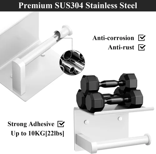 Miniatura 4 de Tindbea Soporte de papel higiénico con estante para teléfono + ganchos para toallas, dispensador adhesivo o con tornillos montado en la pared