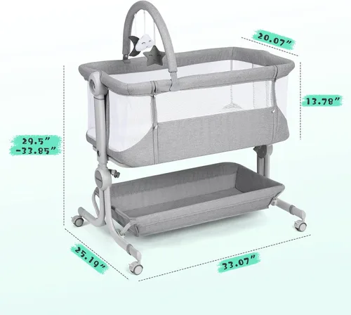 Miniatura 4 de Cowiewie - Cuna para bebé junto a la cama con cesta de almacenamiento, ruedas y juguetes colgantes, cuna portátil plegable fácil con ruedas, cunas