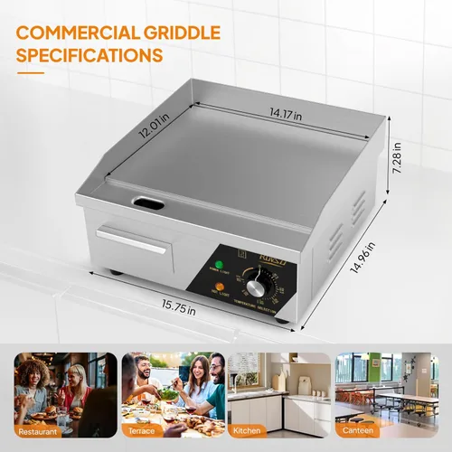 Miniatura 8 de Bonnlo Plancha comercial de 14 pulgadas y 1500 W con encimera de acero inoxidable, plancha plana, control de temperatura ajustable de 122-572 ℉