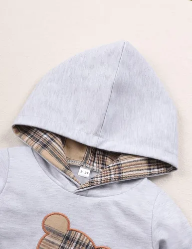 Miniatura 3 de Ropa de bebé niño a cuadros con capucha de manga larga con capucha y pantalones de retazos, ropa de invierno para niño