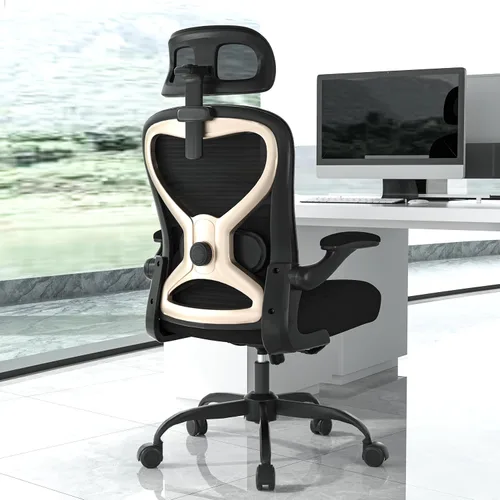 Silla de oficina ergonómica, silla de escritorio de malla con reposacabezas, soporte lumbar, cojín de asiento grueso, brazos abatibles, sillas de