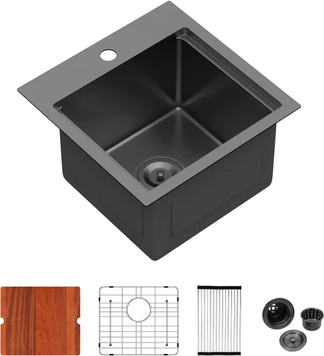Miniatura 36 de Logmey Fregadero de cocina negro 33x22 empotrable, estación de trabajo de fregadero de cocina, SUS304 calibre 16 acero inoxidable, tazón individual