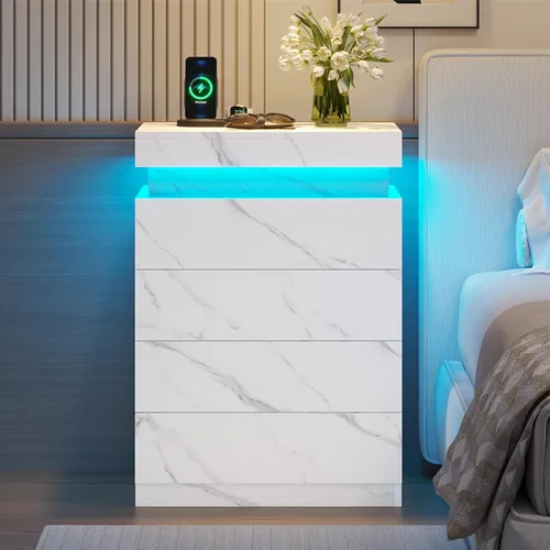 Miniatura 11 de ADORNEVE - Mesita de noche negra con cajones y luces LED, mesita alta con parte superior deslizable, mesa de cabecera con estación de carga, mesa
