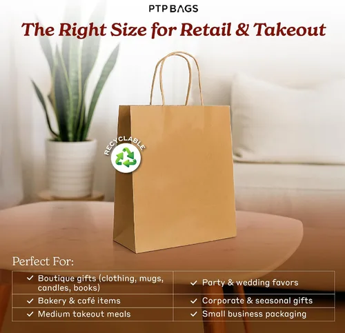 Miniatura 2 de PTP Bags Bolsas de papel kraft de 8 x 4.75 x 10.5 pulgadas, bolsa reciclable de 3.53 oz/m² con asas reforzadas para regalos de boutique, compras al