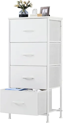 Miniatura 9 de DUMOS Mesita de noche con 4 cajones, mesa de noche con contenedores de tela extraíbles, marco de acero resistente, organizador superior de madera