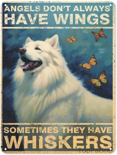 Póster de pared vintage, placa de metal, ángeles no siempre tienen alas a veces tienen bigotes, póster de pared de metal samoyedo, placas de ángel,