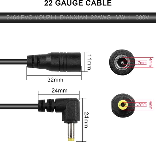 Miniatura 5 de GINTOOYUN DC4017 Cable de extensión de alimentación 22AWG DC 0.157 in x 0.067 in ángulo recto macho a hembra Cable adaptador de corriente para PSP