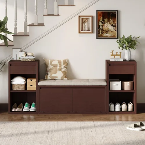 Miniatura 15 de SOFTSEA Banco de Almacenamiento Tapizado, Otomana de Almacenamiento con Cesta Removible y 2 Cajones, Banco de Zapatos de Estilo Granja con Cojín