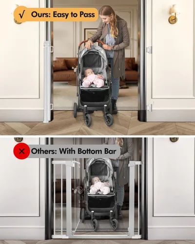 Miniatura 6 de Puerta retráctil para bebés para escaleras y puertas, 55 pulgadas de ancho x 33.6 pulgadas de alto, puerta de malla para perros de fácil instalación
