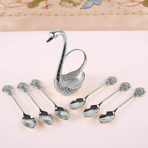 Miniatura 4 de Juego de cuchara de café con soporte, soporte para cuchara y tenedor de cisne, elegante y encantador kit de servicio decorativo para cucharas