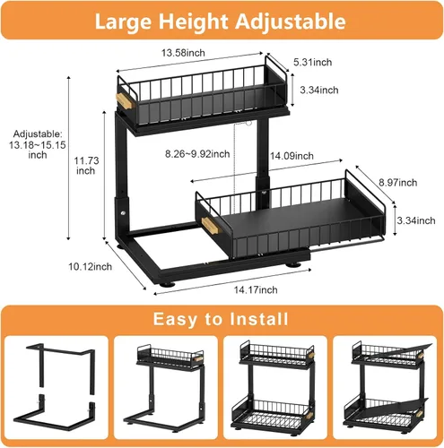 Miniatura 3 de Organizador bajo el fregadero, Organizador de 2 niveles alto y ajustable bajo el fregadero de la cocina, estante de almacenamiento multiuso