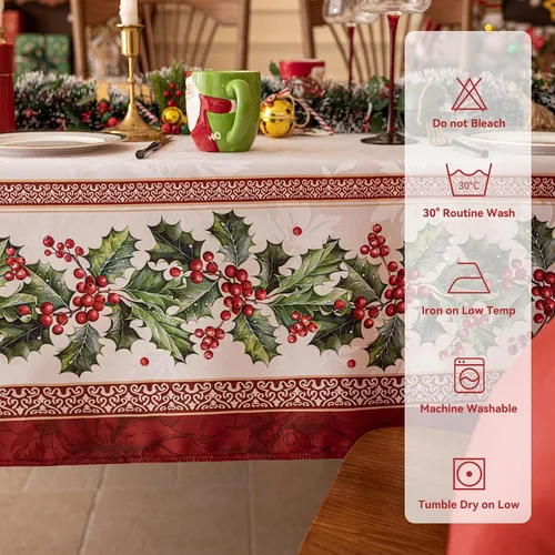 Miniatura 5 de Softalker Mantel Cuadrado de Jacquard Navideño, Mantel Impermeable Vintage de Invierno con Acebo, Cubierta de Mesa de Tela Estilo Granja Navideña
