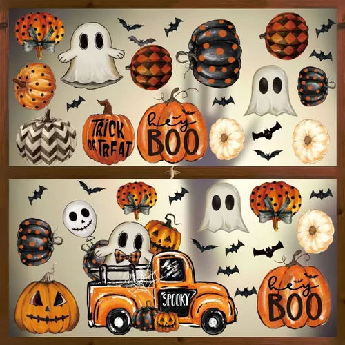 Miniatura 3 de Horaldaily 40 calcomanías de Halloween para ventana, Jack-O-Lantern, calabaza, camión, gnomo, fantasma, murciélagos, gatos, suministros de fiesta
