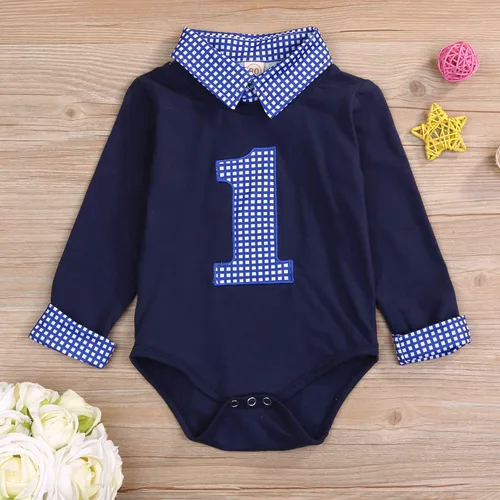 Miniatura 2 de Mameluco de manga larga para bebé niño, para primer cumpleaños, a cuadros, cuello alto