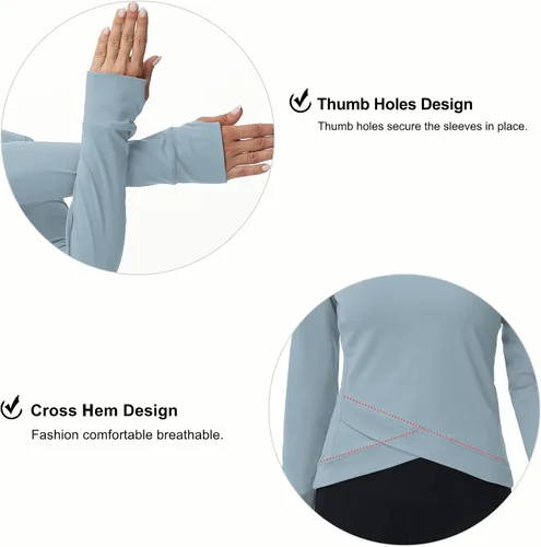 Miniatura 4 de Camisetas de compresión de manga larga para mujer, con dobladillo cruzado, atléticas, para correr, yoga, con agujero para el pulgar