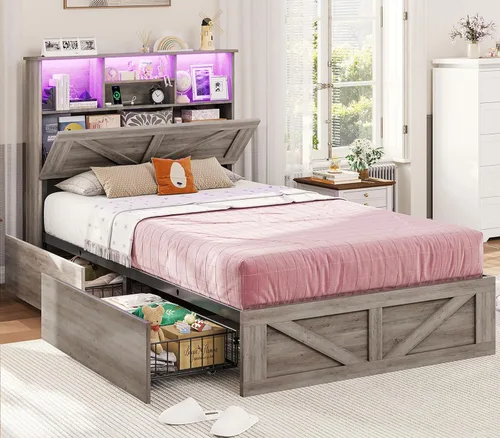 VIAGDO Marco de cama estilo granja tamaño individual con cabecera de almacenamiento tipo estantería, estación de carga y luces LED, marco de cama