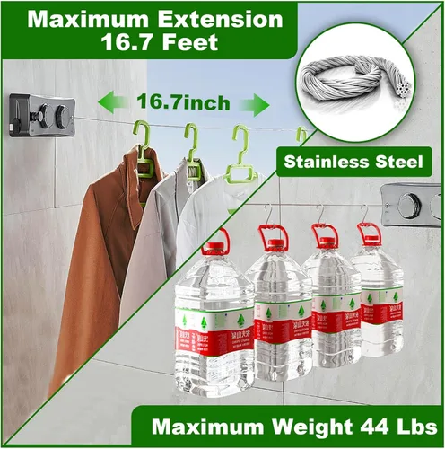 Miniatura 3 de Tendedero retráctil – Línea de lavandería de secado de ropa doble de 16.7 pies para interiores, líneas de ropa retráctiles para colgar ropa al aire