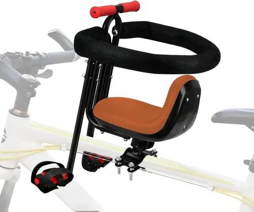Miniatura 8 de Asiento de bicicleta infantil montado en la parte delantera para adulto MTB, portabicicletas interactivo para niños con barandilla completa, pedales