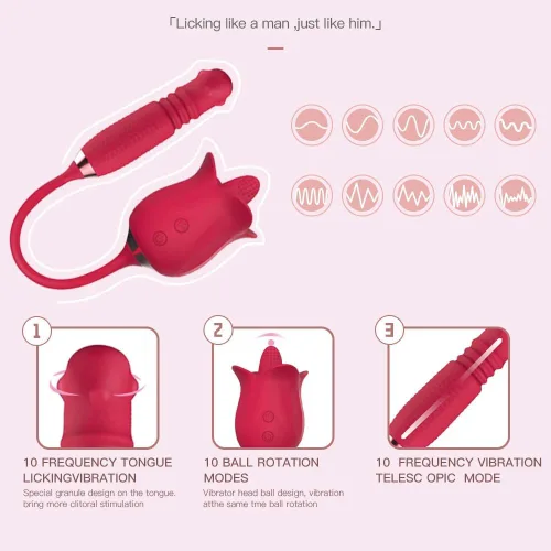 Miniatura 2 de Juguete sexual de rosas para mujeres, estimulador sexual de rosas 3 en 1 para mujeres, 10 lenguas lamiendo y 10 telescópicas y vibrador de rotación