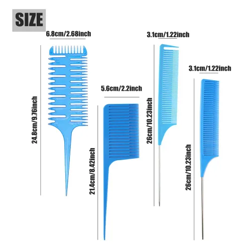 Miniatura 2 de Juego de peines para peinar el cabello, peine profesional de cola de rata, peine de metal para teñir, peine de aluminio para peluquería y uso 4 Pcs