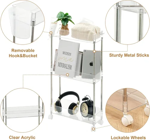 Miniatura 2 de VECELO Carrito rodante de acrílico de 3 niveles, carrito utilitario para almacenamiento de cocina, estantes móviles organizadores deslizables con 2