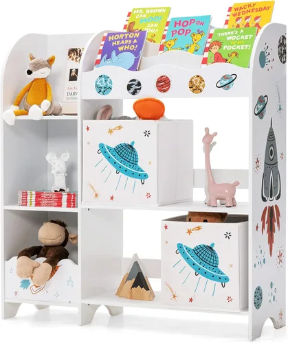 Miniatura 12 de HONEY JOY Organizador de almacenamiento de juguetes para niños, unidad de almacenamiento de madera con 2 cajas, estantería de exhibición para niños