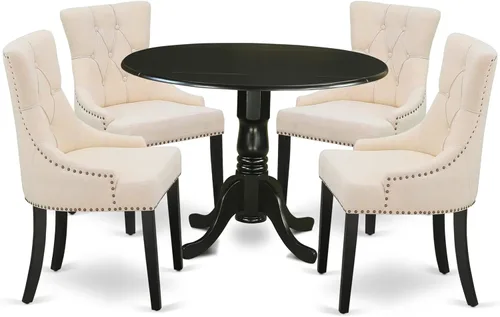 East West Furniture DLFR5-BLK-02 - Juego de mesa de comedor moderno de 5 piezas, incluye una mesa redonda de madera con gotas y 4 sillas tapizadas