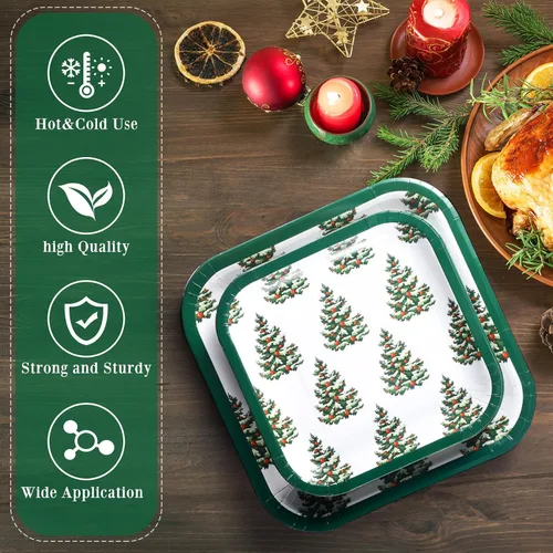 Miniatura 4 de Layhit Juego de 80 platos de papel de Navidad a granel de 7 x 9 pulgadas, juego de platos cuadrados desechables de Navidad verde, árbol de Navidad