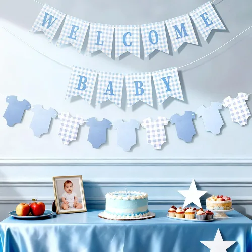 Miniatura 6 de Cartel de baby shower para bebé, 2 piezas preencordadas de tela de bienvenida a cuadros azules para bebé y cuerpo, para decoración de fiesta de baby