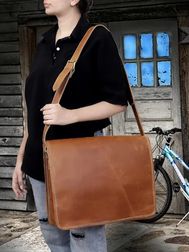 Miniatura 2 de VC VINTAGE COUTURE 18 pulgadas cuero completo solapa mensajero hecho a mano bolsa portátil bolsa bolsa bolsa de mensajero acolchado marrón, Marrón