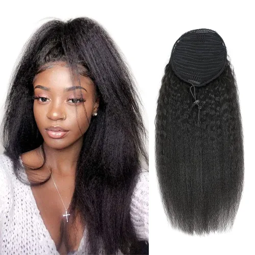 Miniatura 19 de Extensión de Cola de Caballo de Cabello Humano Kinky Recto con Pasta Mágica Envolvente de 30,48 cm, Cabello Natural Negro Brasileño, Extensiones