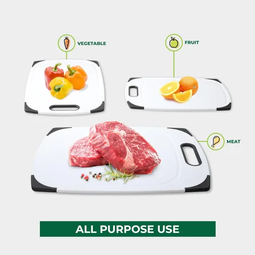 Miniatura 6 de Freshware Tablas de cortar para cocina, paquete de 3 tablas de cortar con diferentes tamaños, ranuras para jugos y asas antideslizantes, reversible