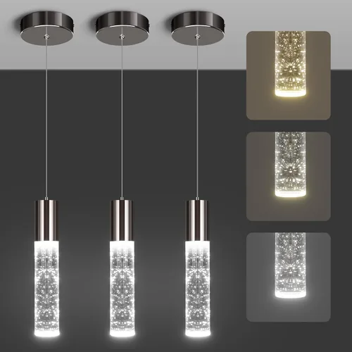 OKELI Lámparas Colgantes Modernas, Lámparas de Isla LED de Cristal de Burbujas de 3 Colores, Mini Iluminación Colgante Negra para Isla de Cocina,