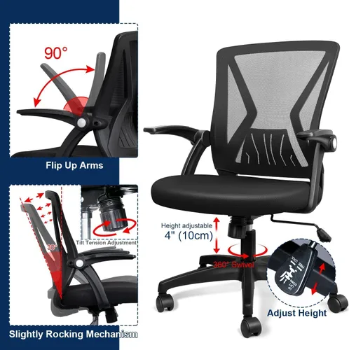 Miniatura 4 de TTD Silla de oficina ergonómica cómoda giratoria para el hogar, silla de escritorio moderna de malla negra con brazos abatibles, silla