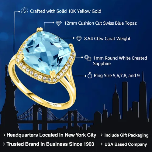 Miniatura 2 de Gem Stone King Anillo de oro amarillo de 10 quilates con piedra natal y zafiro blanco creado para mujer, cojín de 0.472 in, anillo de compromiso