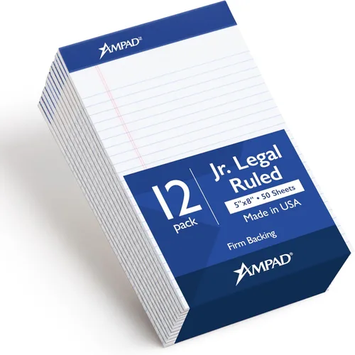 Ampad Bloc de notas legales de 5 x 8, paquete de 12, rayado estrecho, papel blanco, 50 hojas por bloc de escritura, American Pad & Paper, fabricado
