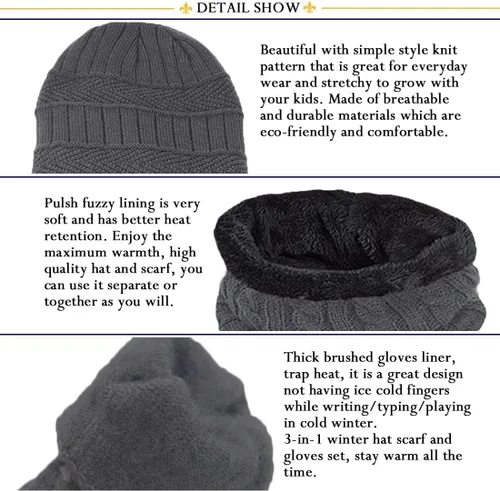 Miniatura 2 de T WILKER Juego de 3 gorros de invierno para niños, bufanda y guantes para pantalla táctil