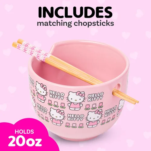 Miniatura 3 de Silver Buffalo Sanrio Hello Kitty Tazón de cerámica para ramen y arroz con diseño de flores, con palillos, apto para microondas, 20 onzas