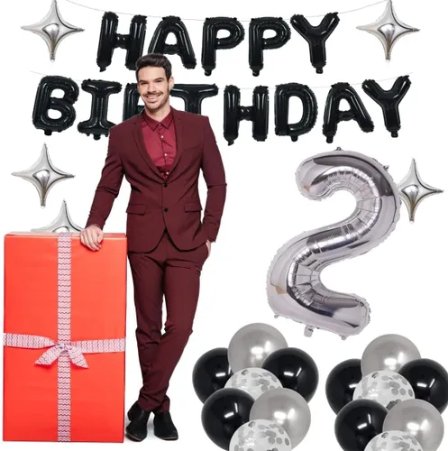 Miniatura 4 de Decoraciones de fiesta de cumpleaños color negro y plateado para niños y niñas, suministros de fiesta de cumpleaños número 14 con pancarta negra