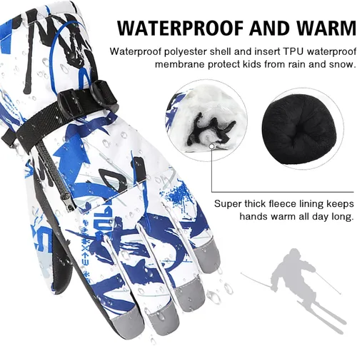 Miniatura 3 de American Trends Guantes de invierno impermeables con bolsillo con cremallera, guantes de esquí para la nieve para niños y niñas, guantes